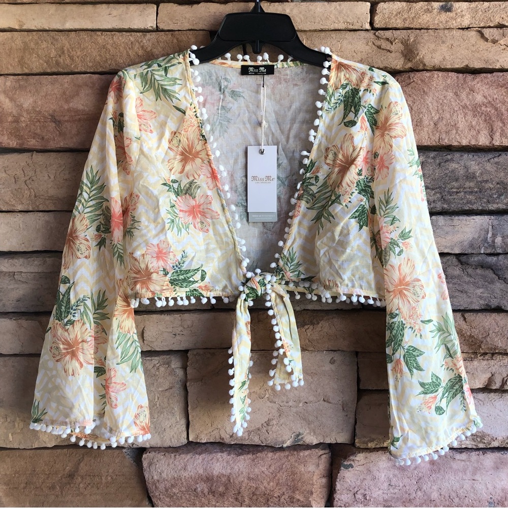 Miss Me lightweight yellow floral long sleeve tie tassel top NWT Women Medium